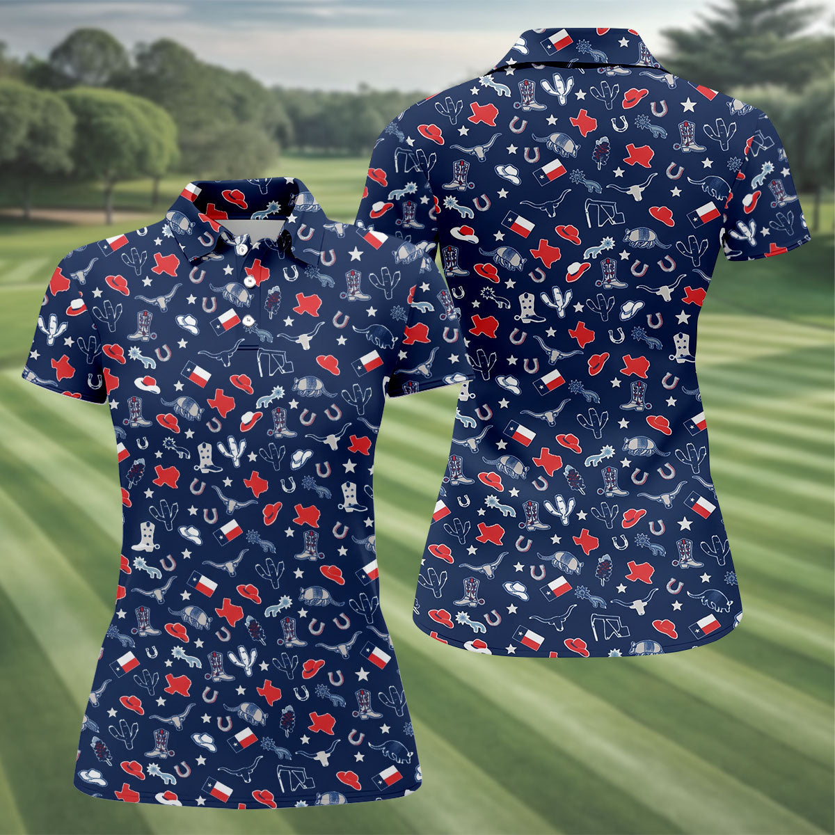 Navy Texas Western Pattern Golf Polo Shirt, Women's Golf Polo, Hawaiian Golf Shirt