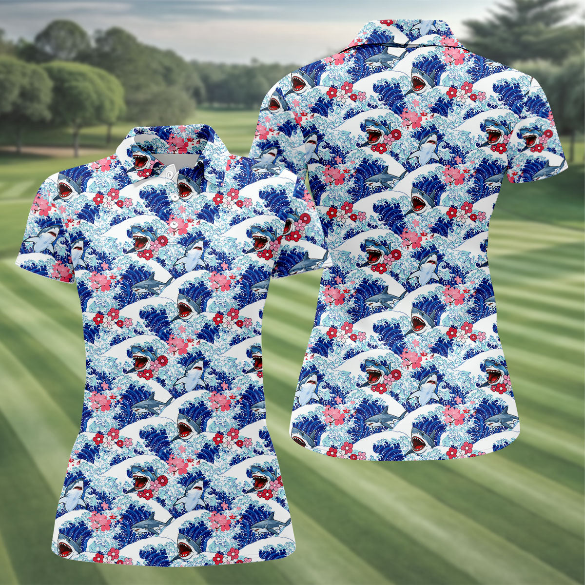 Funny Shark Japanese Wave Hawaiian Golf Shirt, Women's Golf Tops, Ladies Golf Shirts