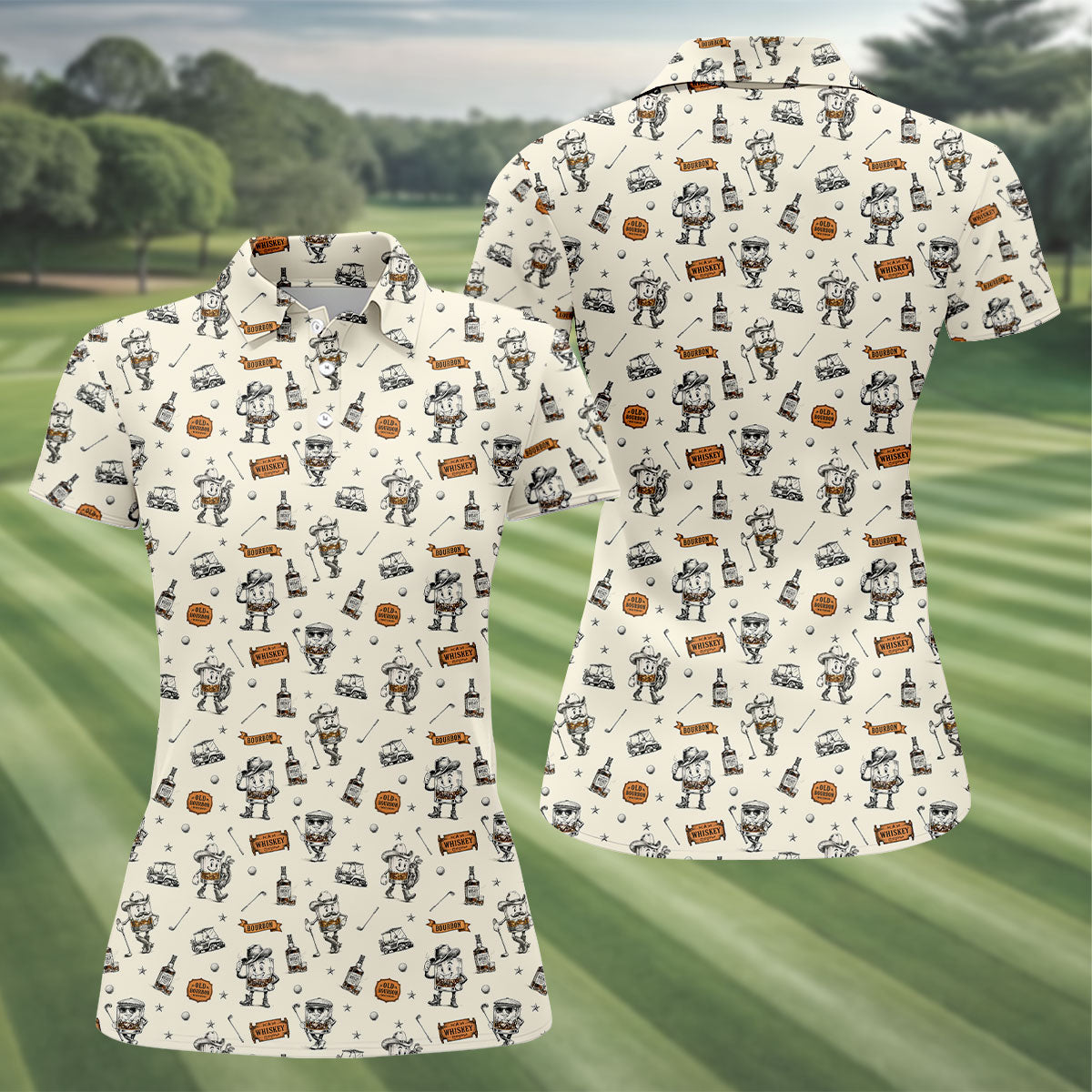 Vintage Bourbon Whiskey Golf Pattern Polo Shirt, Golf Shirts For Women, Women's Golf Apparel