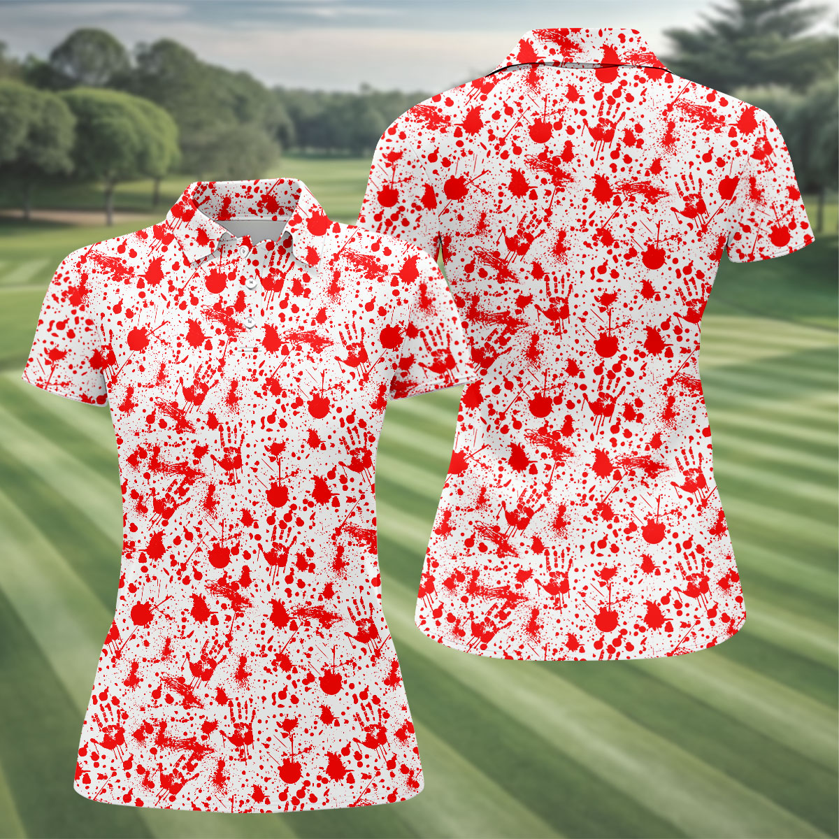 Horror Character Blood Splatter Pattern Golf Polo Shirt, Women's Golf Polo, Ladies Golf Shirts