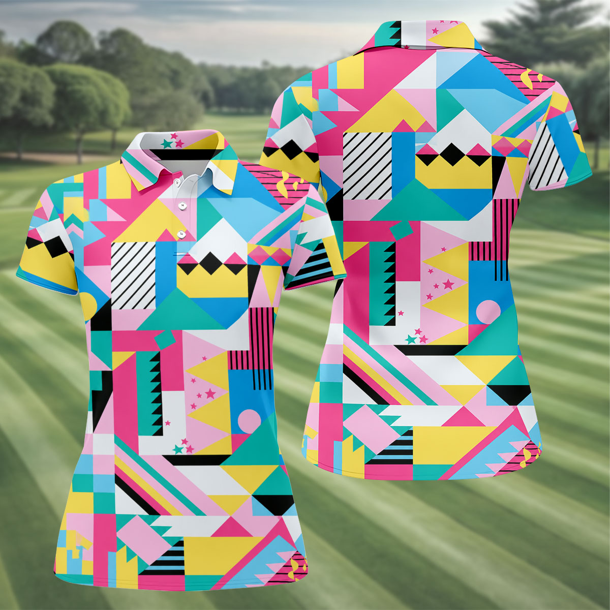 Memphis Pattern Golf Shirt, Retro 80s Geometric Color Block Design, Golf Shirt For Women