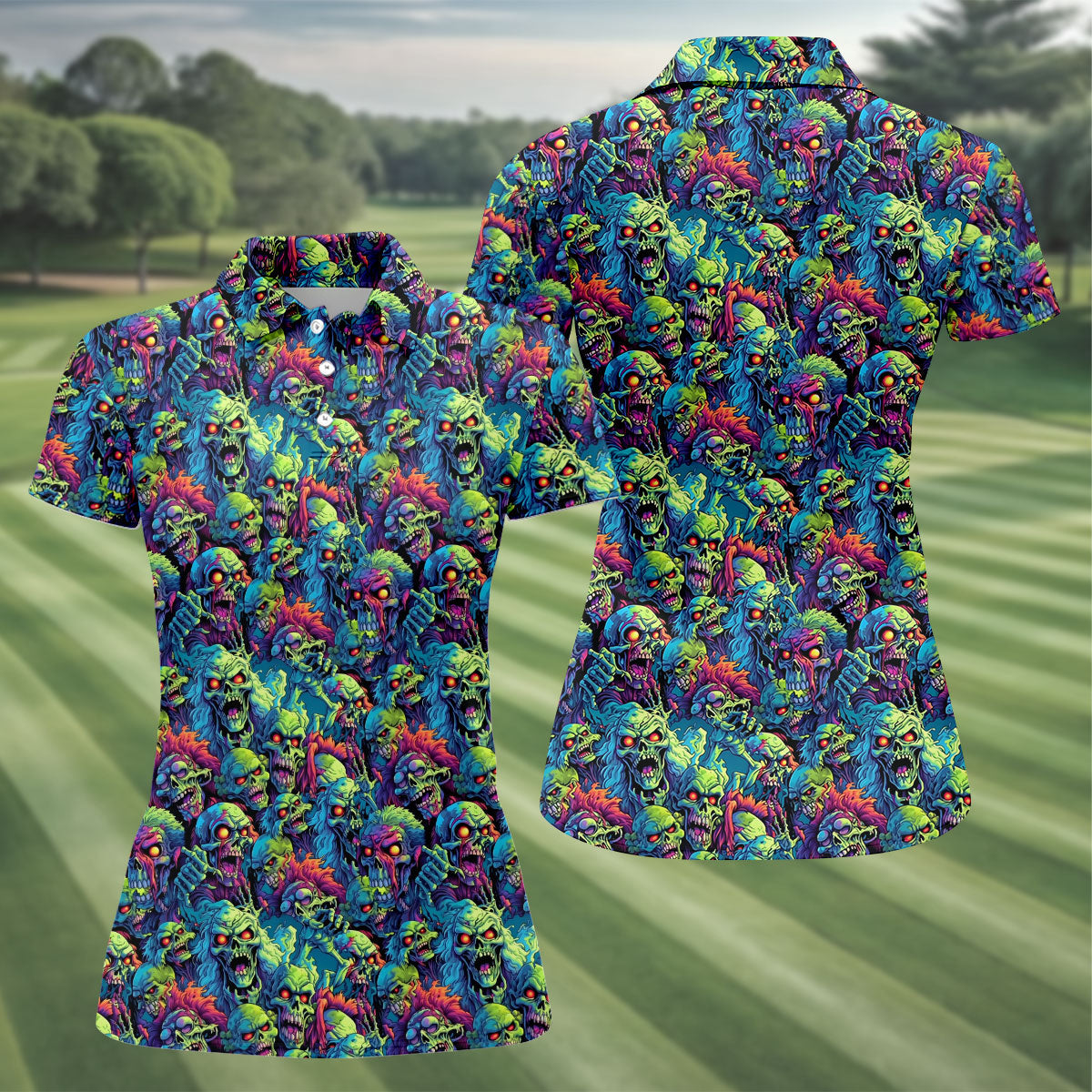 Colorful Zombie Head Pattern Halloween Golf Polo Shirt, Women's Golf Tops, Ladies Golf Shirt