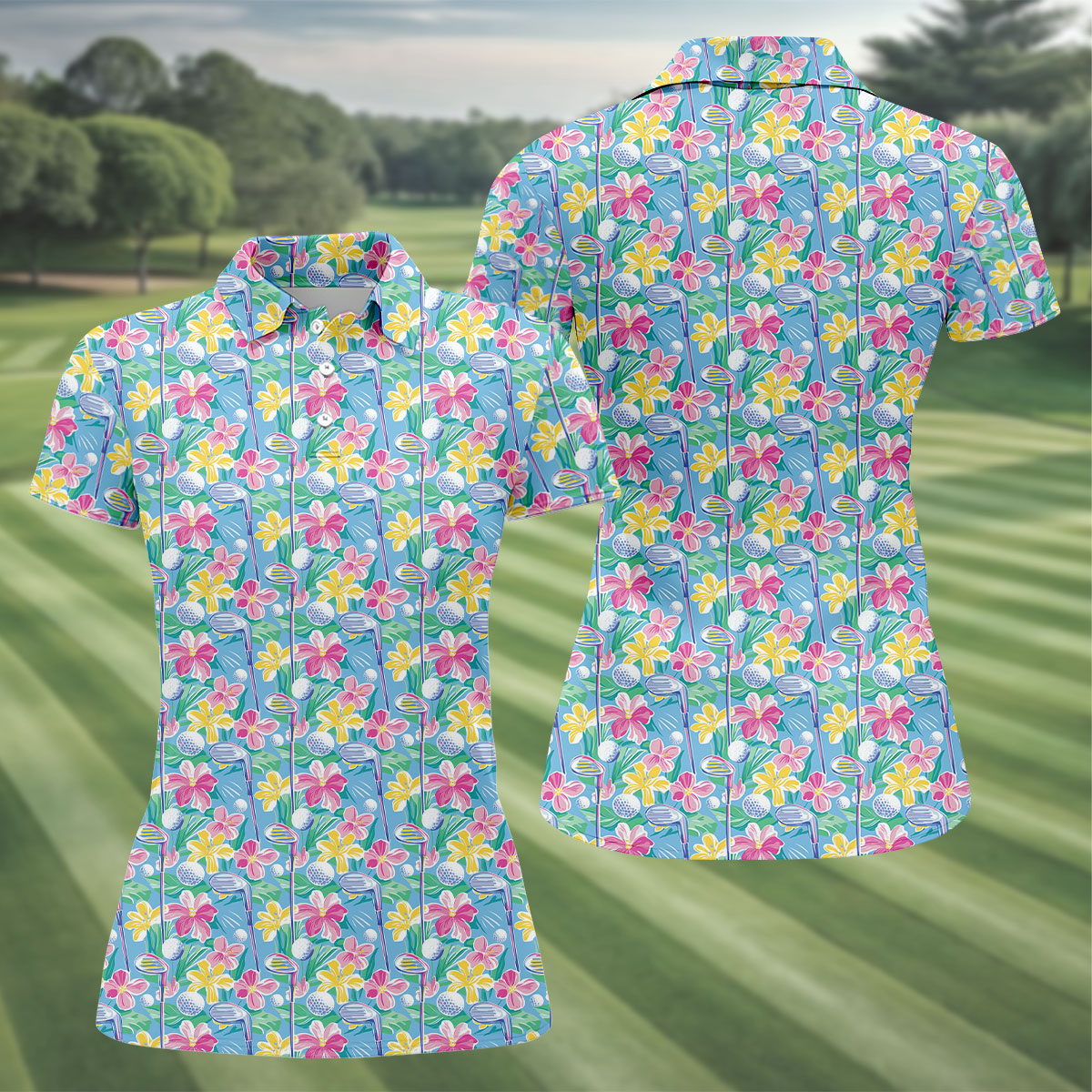 Tropical Floral Golf Clubs Hawaiian Golf Polo Shirt, Women's Golf Polo, Golf Tops For Women