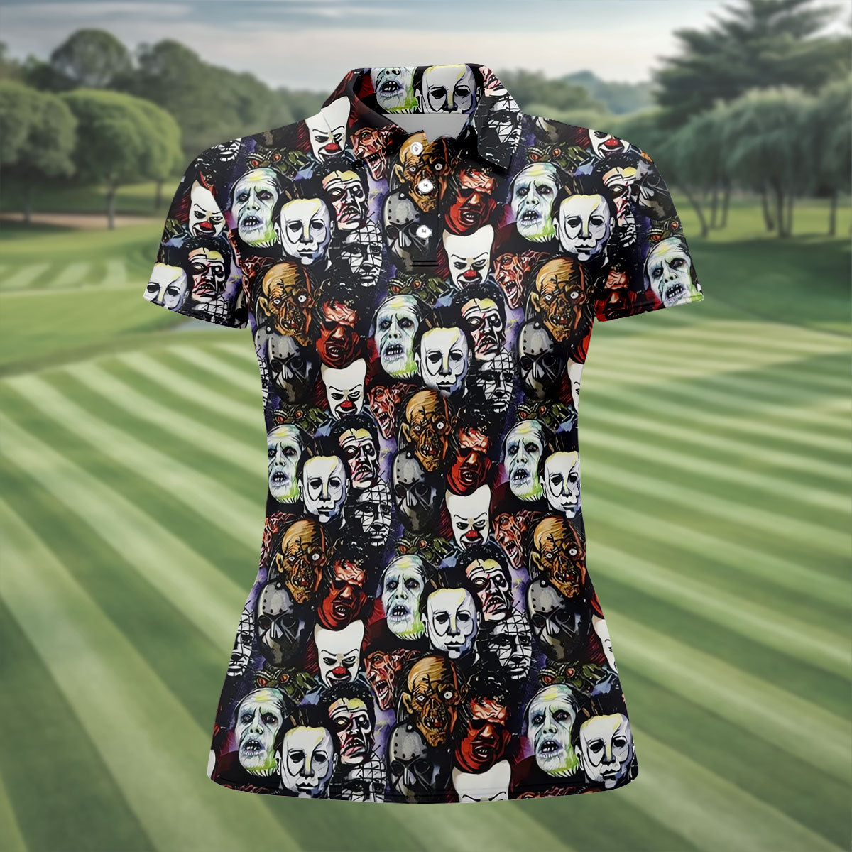 Horror Character Movie Villain Collage Golf Polo Shirt, Women's Golf Polo, Ladies Golf Shirts