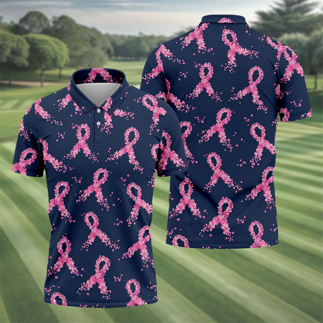 Pink Floral Ribbon Breast Cancer Awareness Polo Shirt, Men's Golf Shirt, Golf Apparel For Men