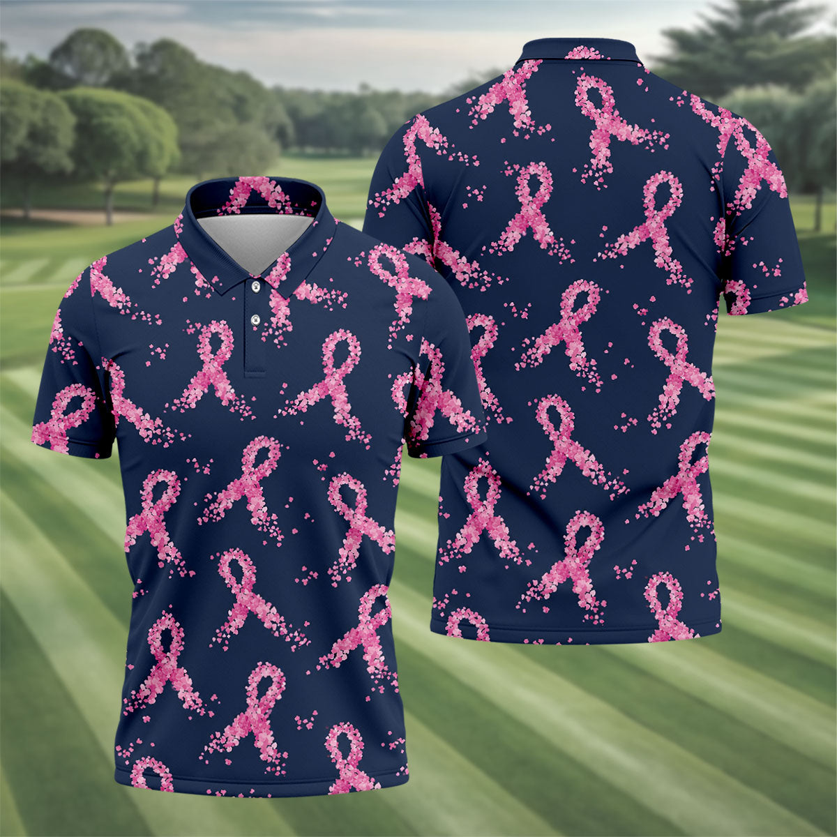 Pink Floral Ribbon Breast Cancer Awareness Polo Shirt, Men's Golf Shirt, Golf Apparel For Men