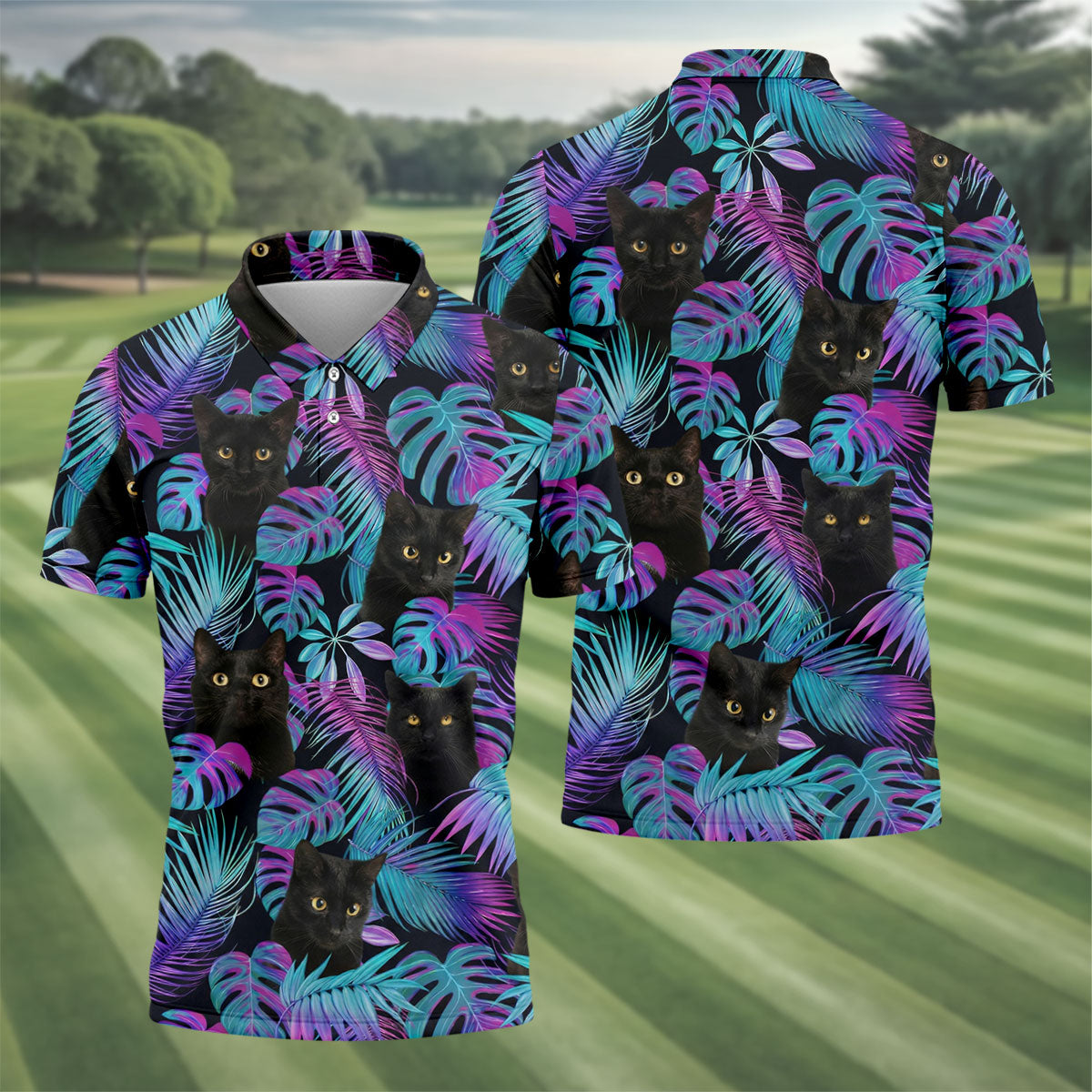 Funny Black Cat Purple Blue Gradient Hawaiian Golf Shirt, Golf Shirts For Men