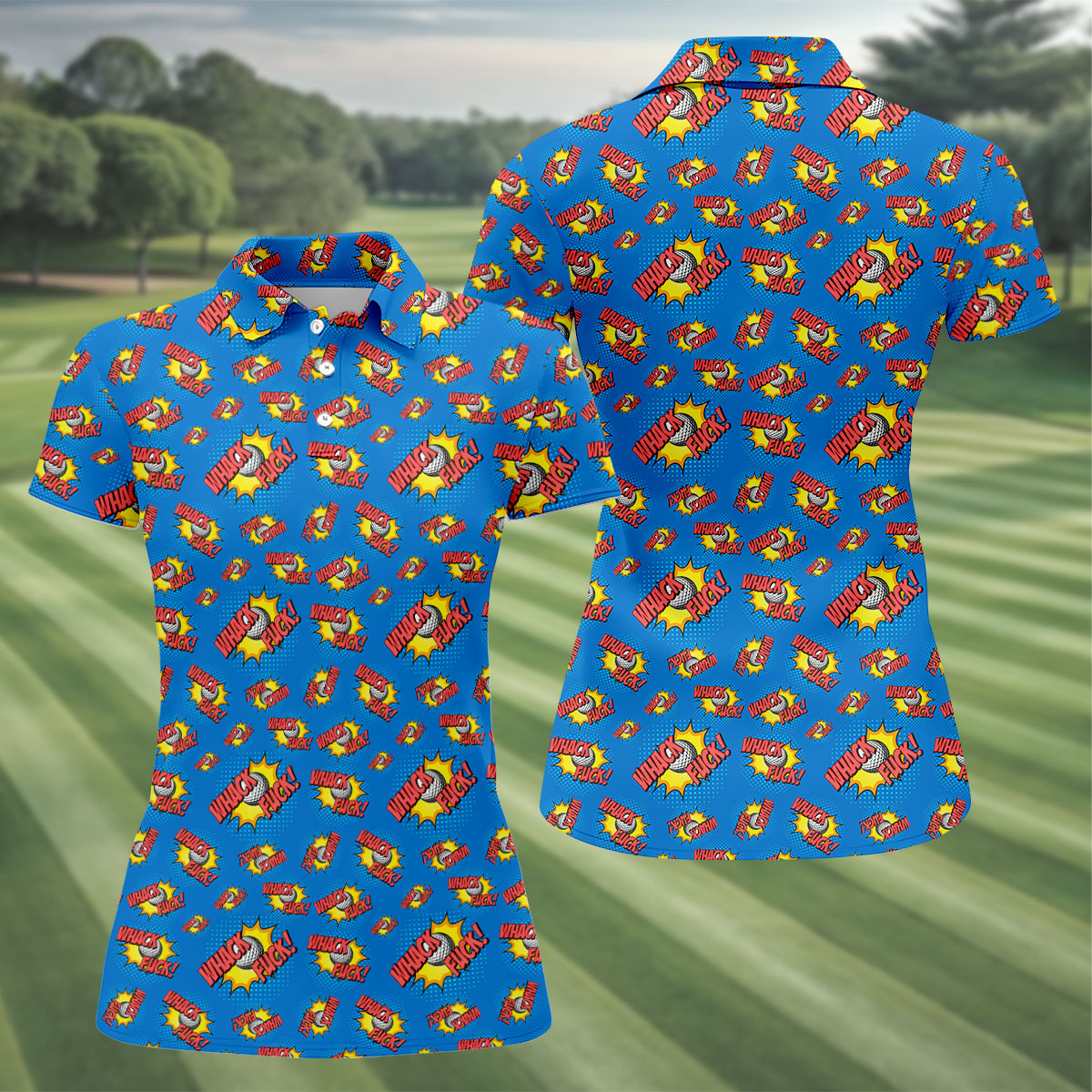 Whack F*ck Comic Golf Ball Blue Funny Polo Shirt, Ladies Golf Tops, Golf Polo For Women