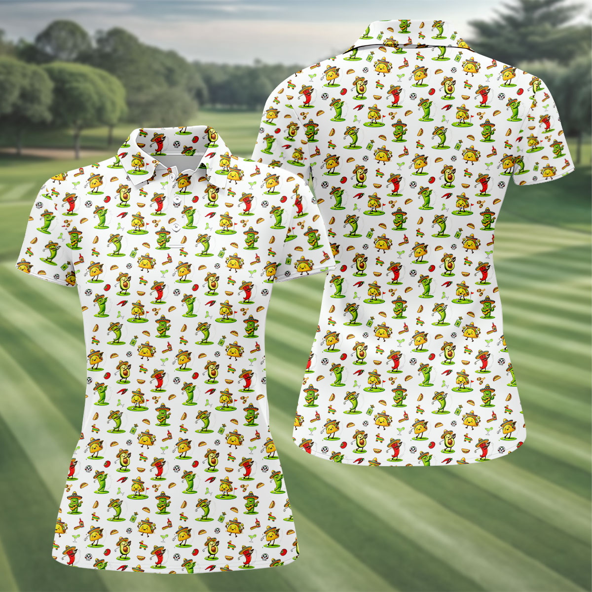 Mexican Cartoon Food Characters Cinco De Mayo Celebration Fiesta Themed White Golf Shirt For Women