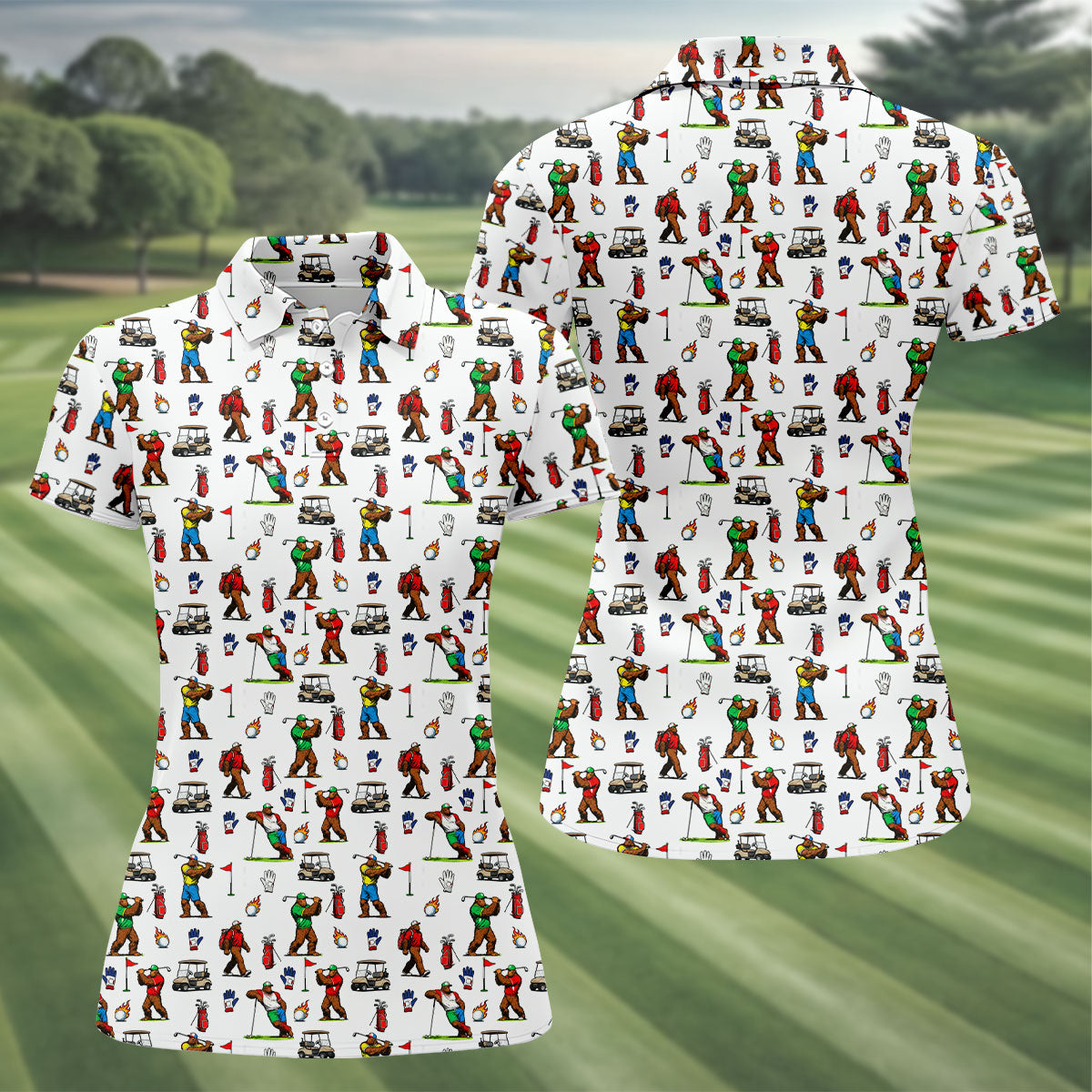 Bigfoot Golfer Pattern Women's Golf Tops, Golf Shirts For Women, Performance Golf Shirt