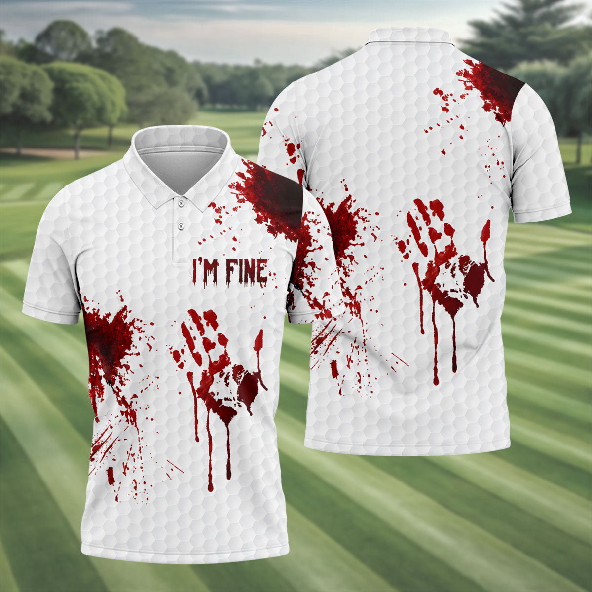 I'm Fine Bloody Halloween Golf Polo Shirt, Golf Polo Shirts For Men, Printed Golf Shirts