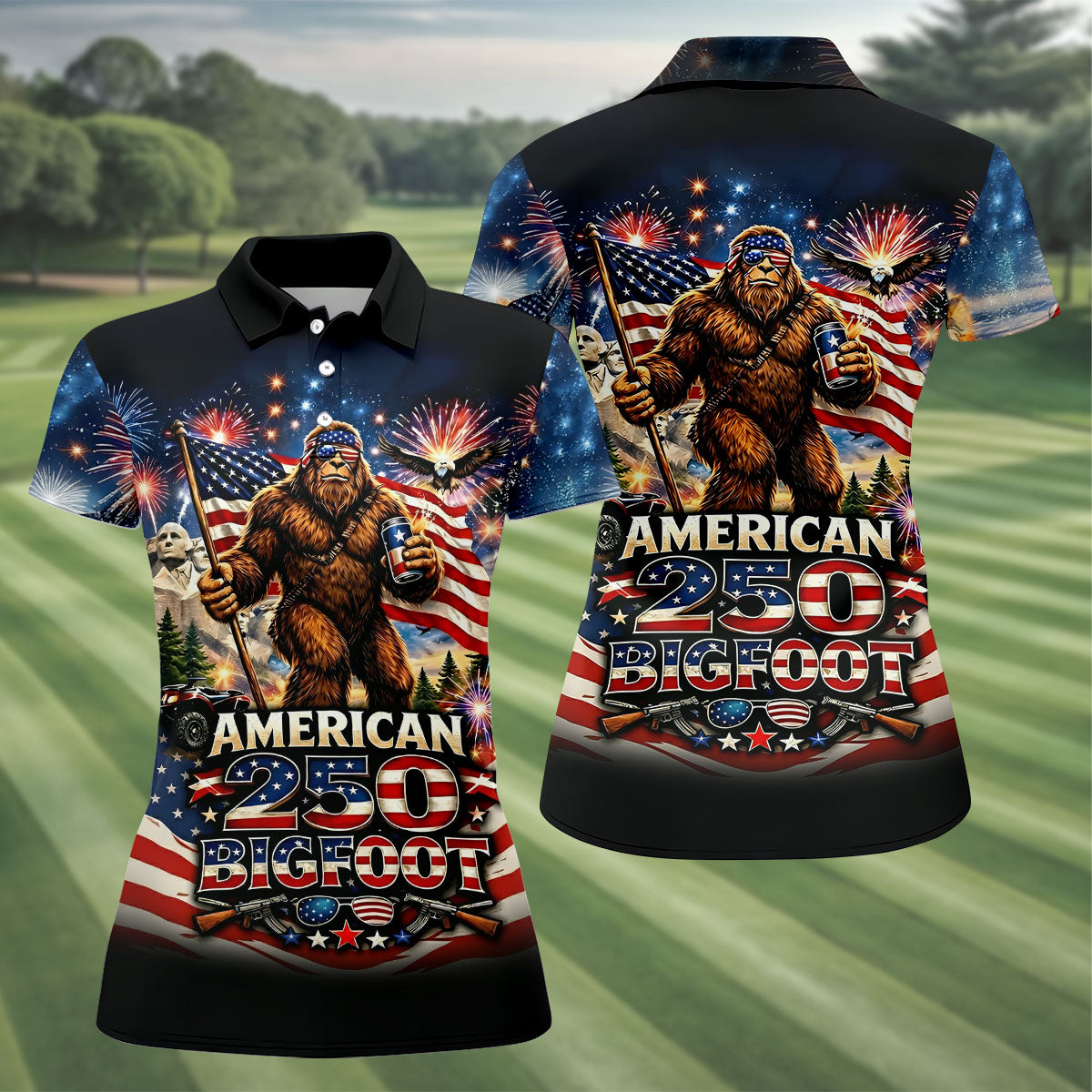 American 250 US Flag Pattern Bigfoot Golf Shirt, Patriotic 4th Of July Golf Shirt For Women