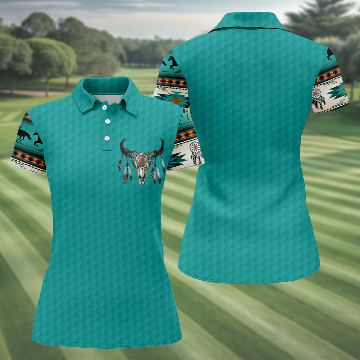 Turquoise Southwestern Bull Skull Golf Polo Shirt, Golf Tops For Women, Hawaiian Golf Shirt