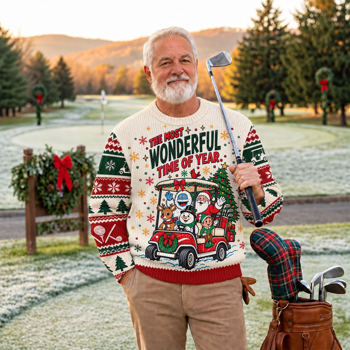 Most Wonderful Time Golf Cart Ugly Christmas Sweater, Holiday Sweaters, Golf Gifts