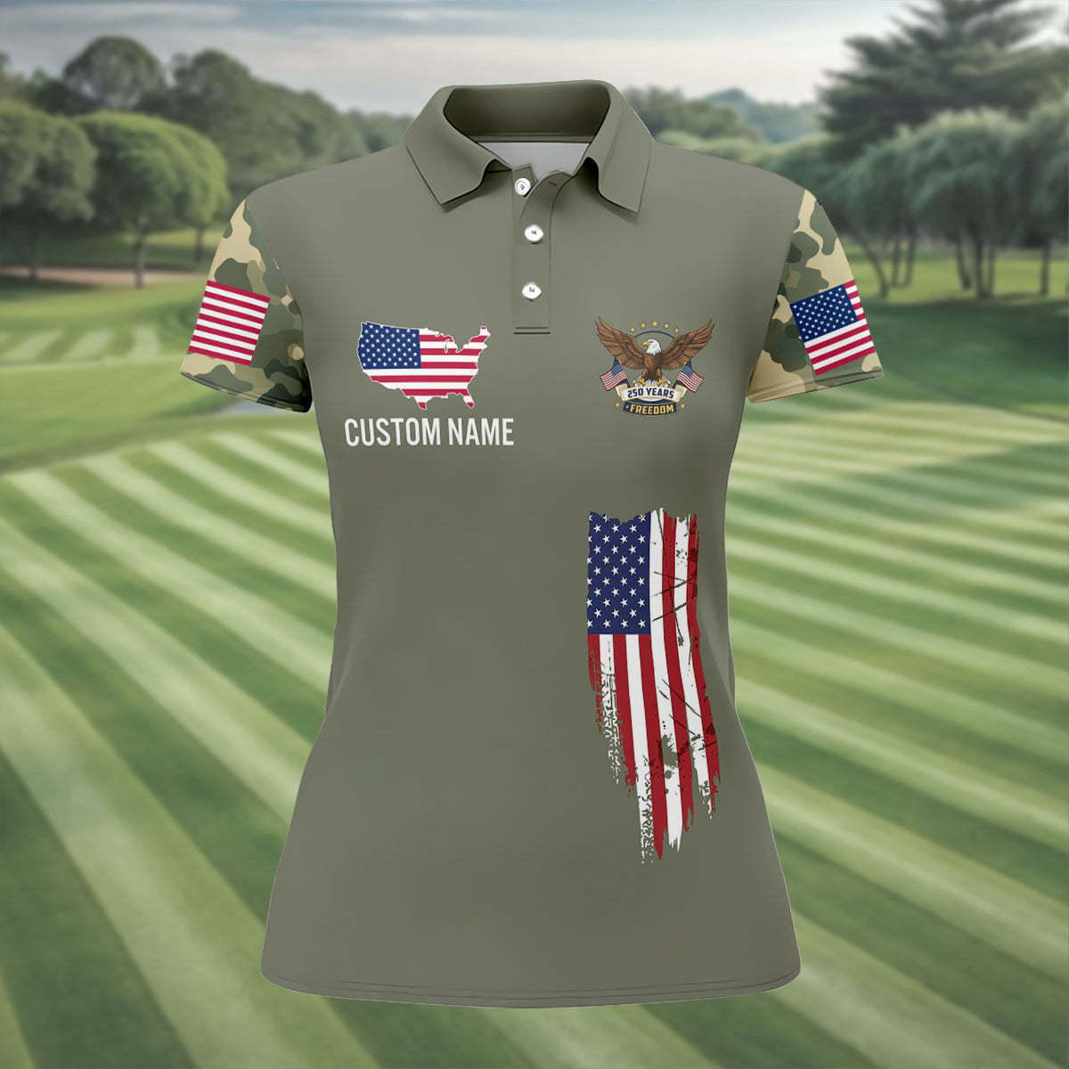 250 Years Freedom Eagle American Flag Camo Golf Shirt, Patriotic 4th Of July Golf Shirt For Women