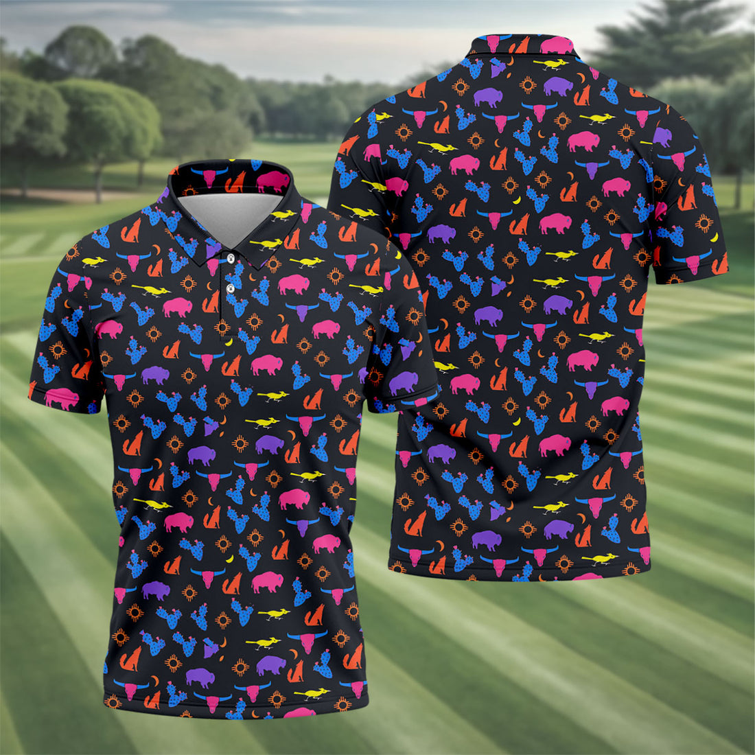 Neon Desert Cactus Buffalo Hawaiian Golf Shirt, Mens Golf Polo, Printed Golf Shirts