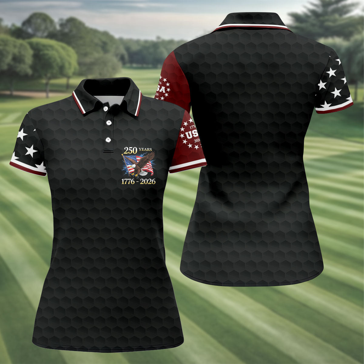 250 Years Bald Eagle US Flag Golf Shirt, Patriotic 4th Of July Golf Ball Pattern Golf Shirt For Women