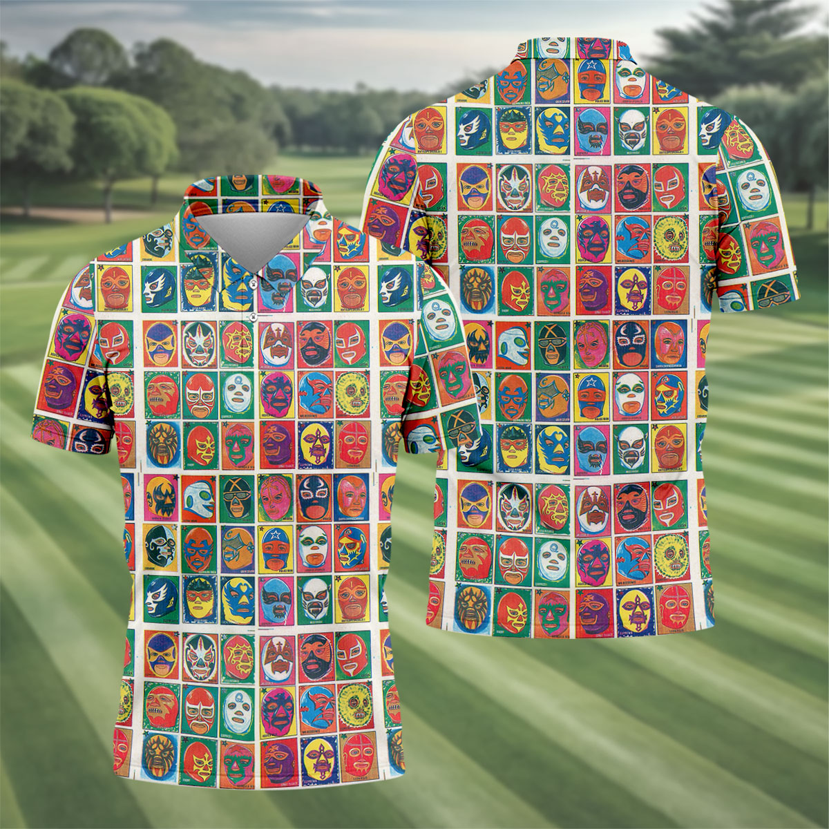 Lucha Libre Mask Grid Pattern Golf Tops For Men, Cinco De Mayo Celebration Golf Shirts For Men