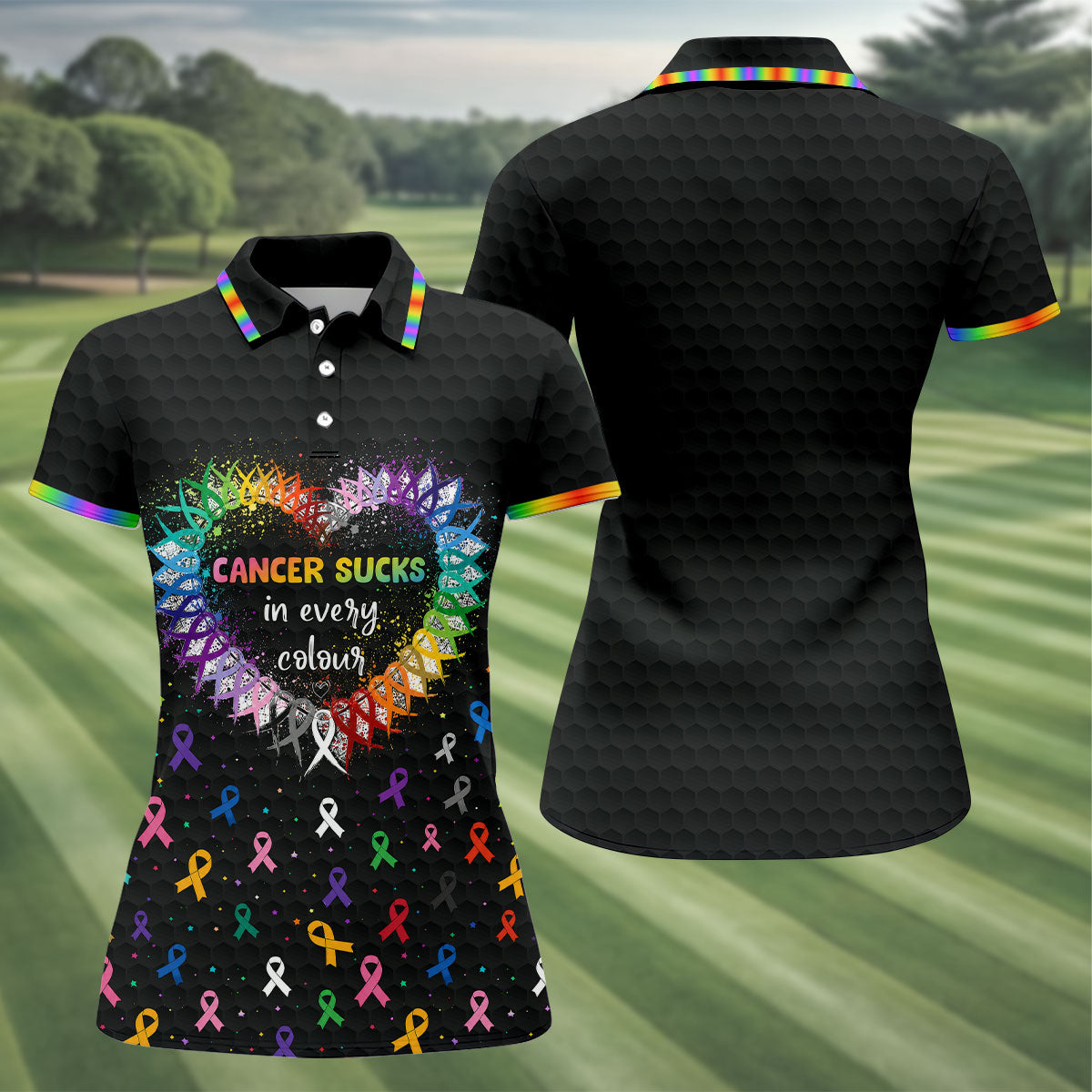 Cancer Sucks In Every Colour Awareness Ribbon Golf Polo Shirt, Golf Tops For Women