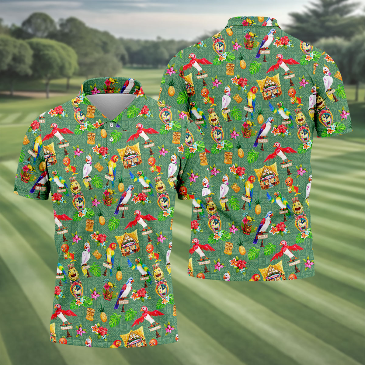 Tropical Tiki Parrot Island Hawaiian Golf Polo Shirt, Golf Shirts For Men, Printed Golf Shirts