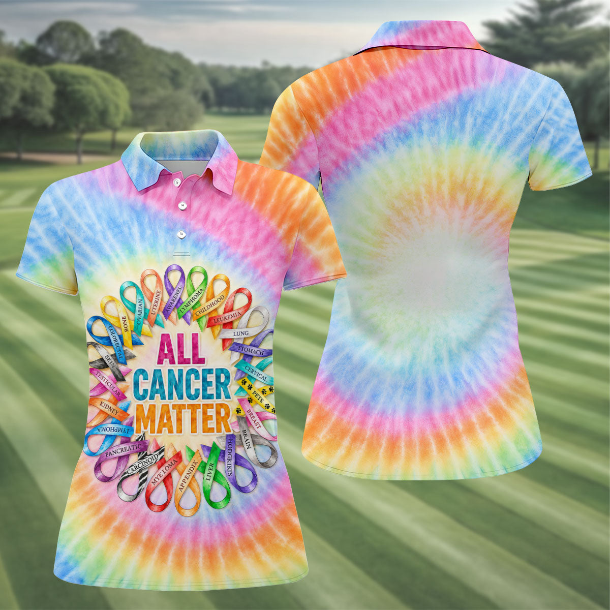 All Cancer Matter Colorful Ribbon Polo Shirt, Ladies Golf Tops, Printed Golf Shirt
