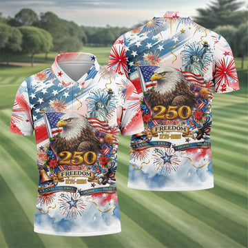 Land Of The Free Red White Blue Water Color Print 4th Of July Golf Shirt, 250 Years Golf Shirts For Men