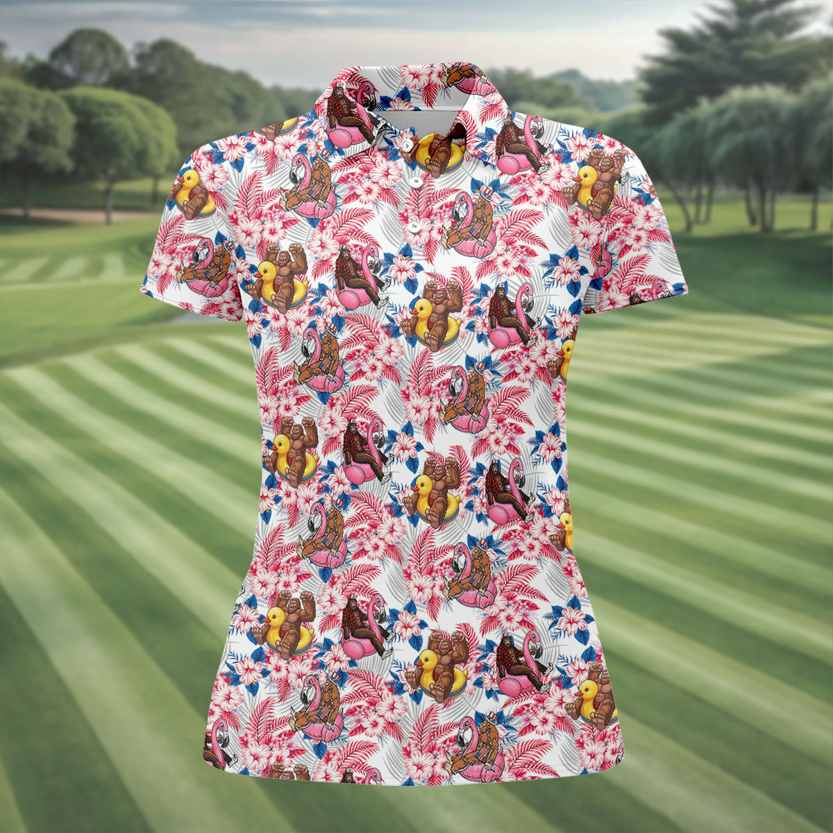 Funny Bigfoot Pool Party Hawaiian Golf Shirt, Red White Blue Tropical Flamingo Golf Shirt For Women