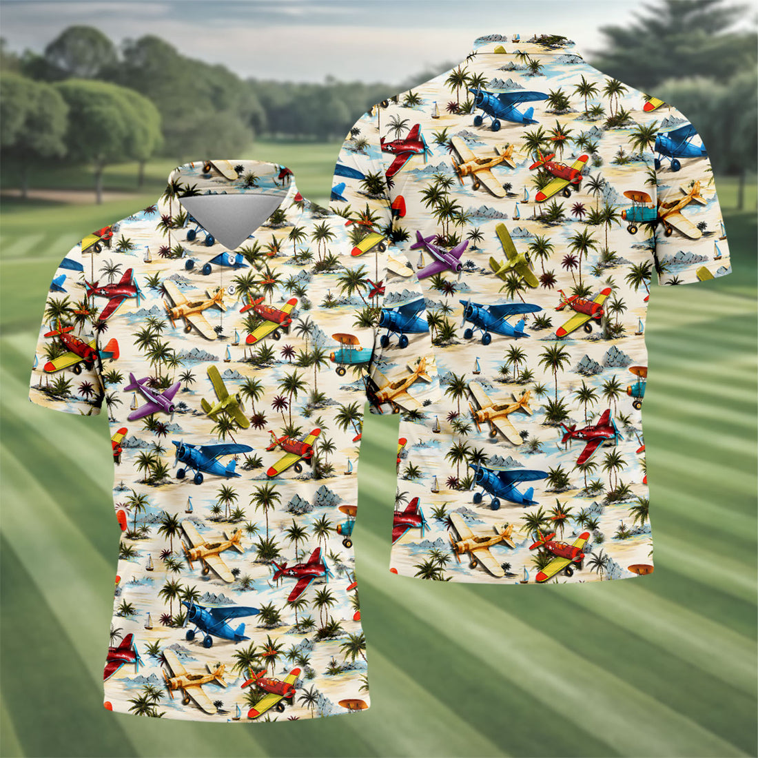 Vintage Airplane Hawaiian Golf Shirt, Tropical Aircraft Pattern, Polo Shirts For Men