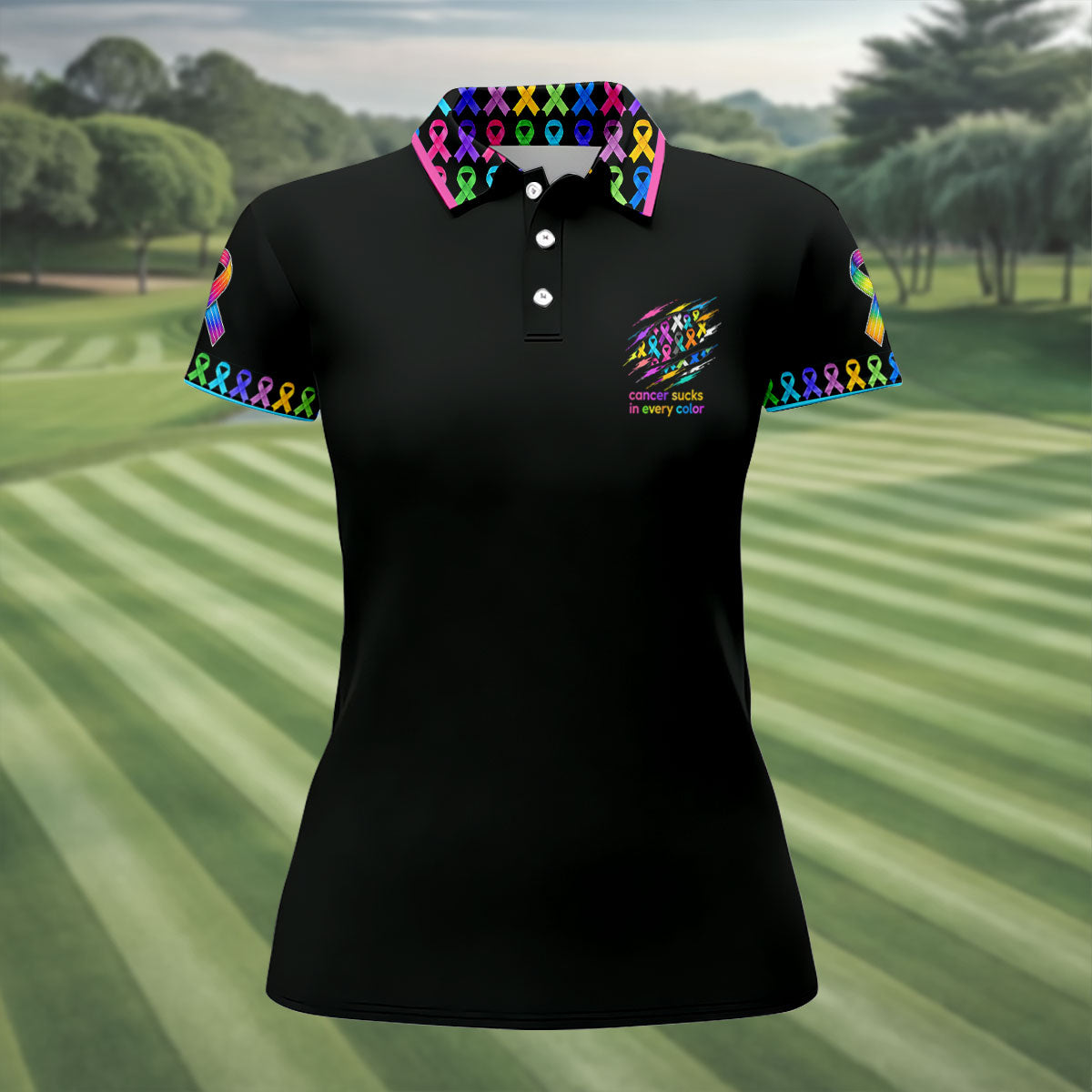 Cancer Sucks In Every Color Awareness Ribbon Golf Polo Shirt, Women's Golf Polo