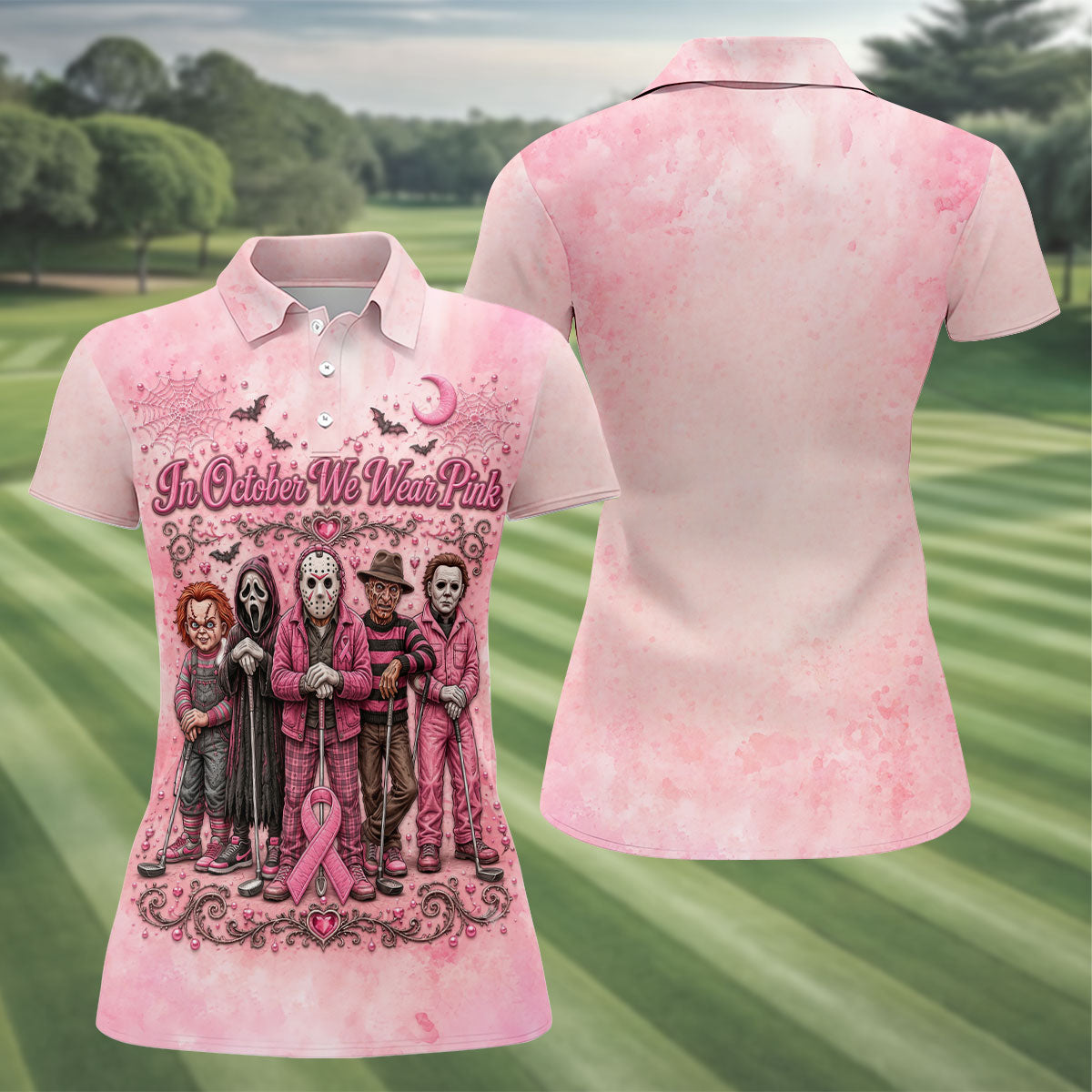 In October We Wear Pink Breast Cancer Horror Characters Golf Polo, Golf Shirts For Women