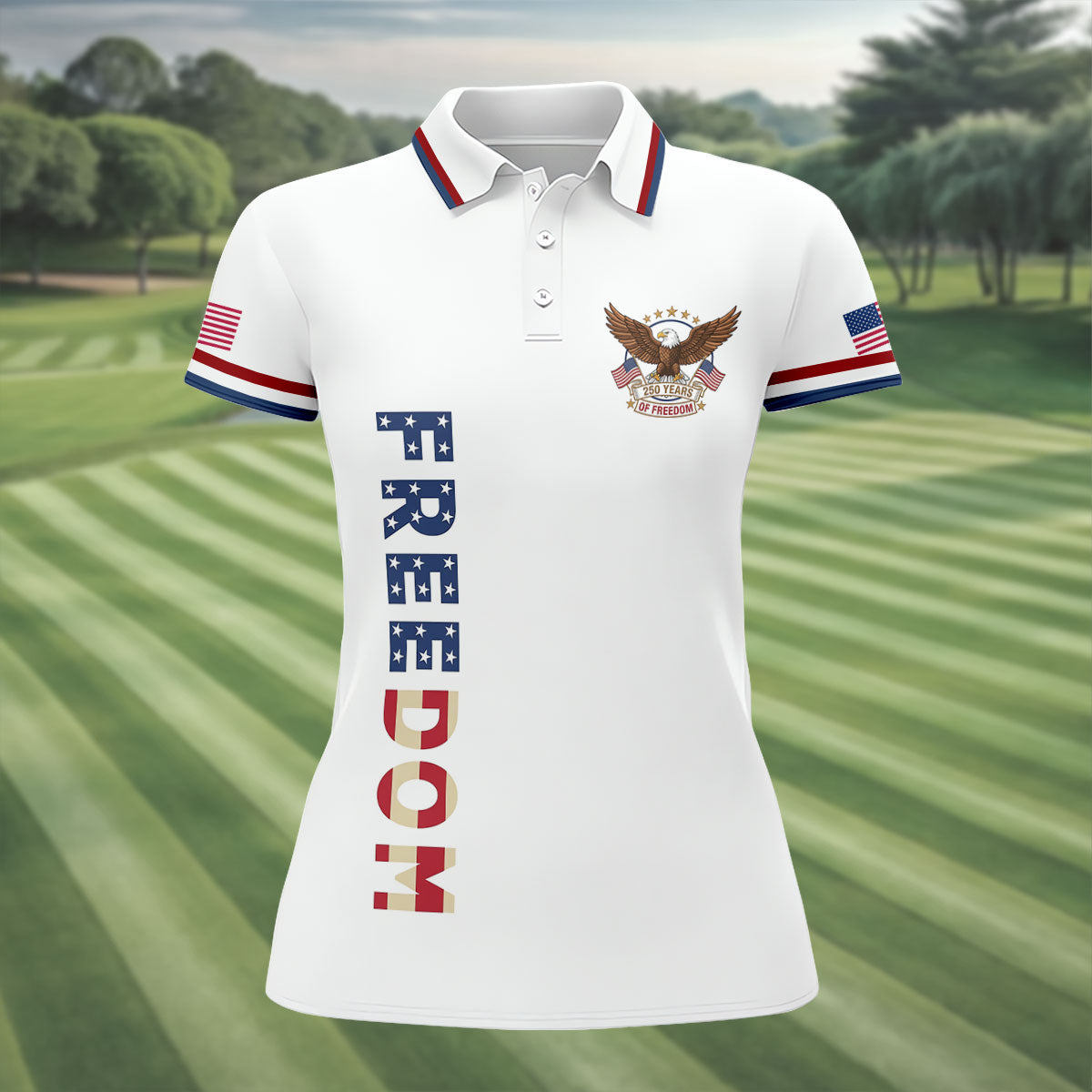 250 Years Of Freedom US Flag Logo White Golf Shirt, Patriotic 4th Of July Golf Shirt For Women