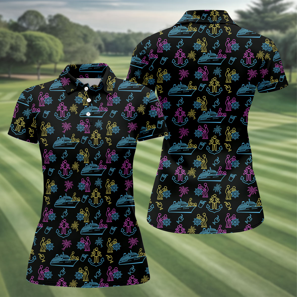 Funny Adult Cruise Vacation Pattern Polo Shirt, Womens Golf Tops, Printed Golf Shirt