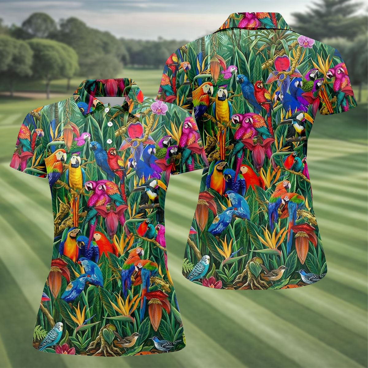 Tropical Colorful Parrots Rainforest Bird Print Golf Polo, Hawaiian Golf Shirt, Women's Golf Apparel