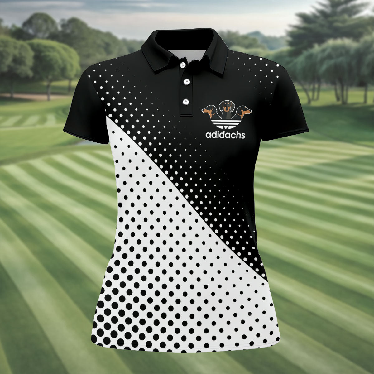 Adidachs Funny Dachshund Black Golf Shirt, Fun Women's Golf Shirts, Ladies Golf Shirts