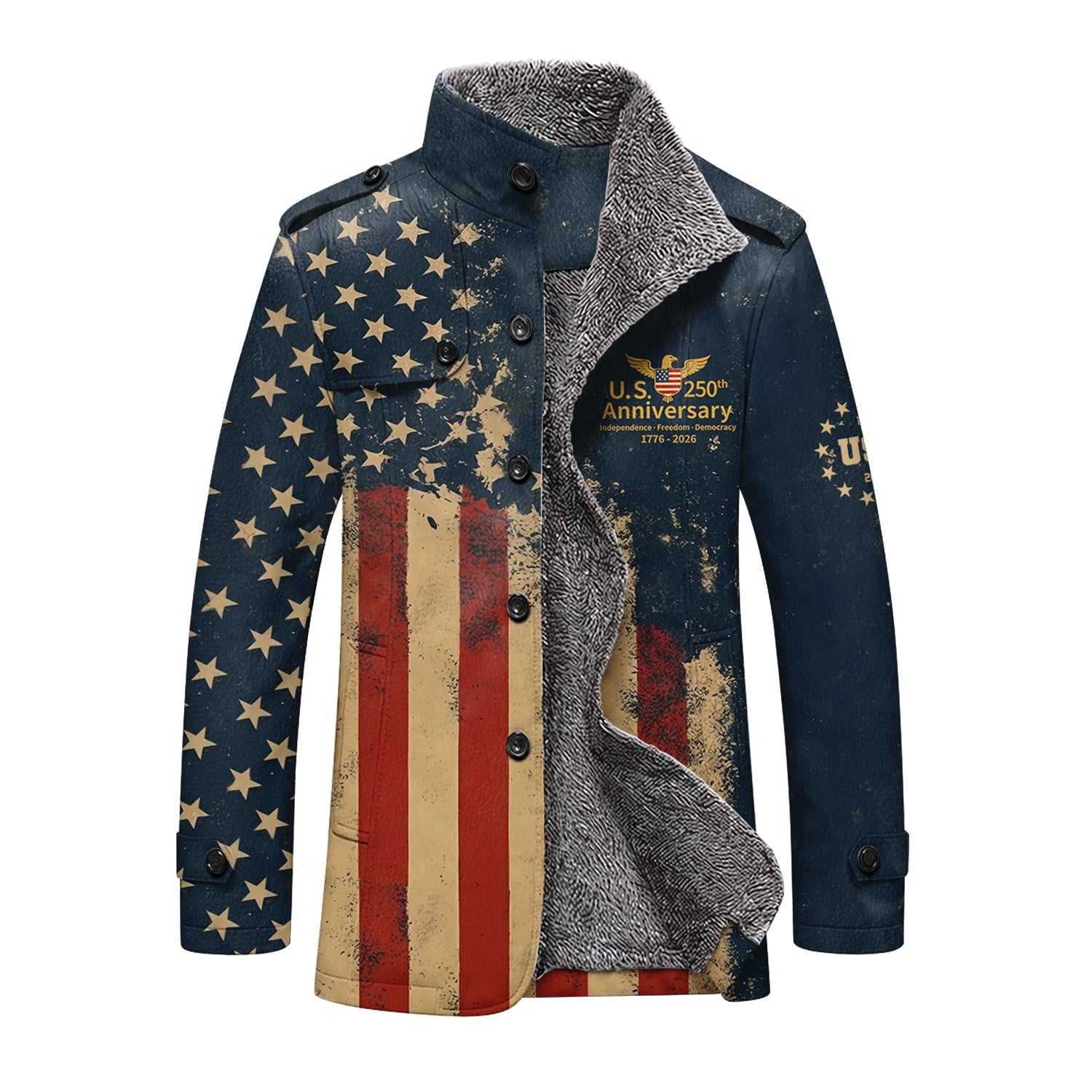 250th Anniversary Distressed Flag Men's Cold Premium Weather Jacket, Leather Trench Coat