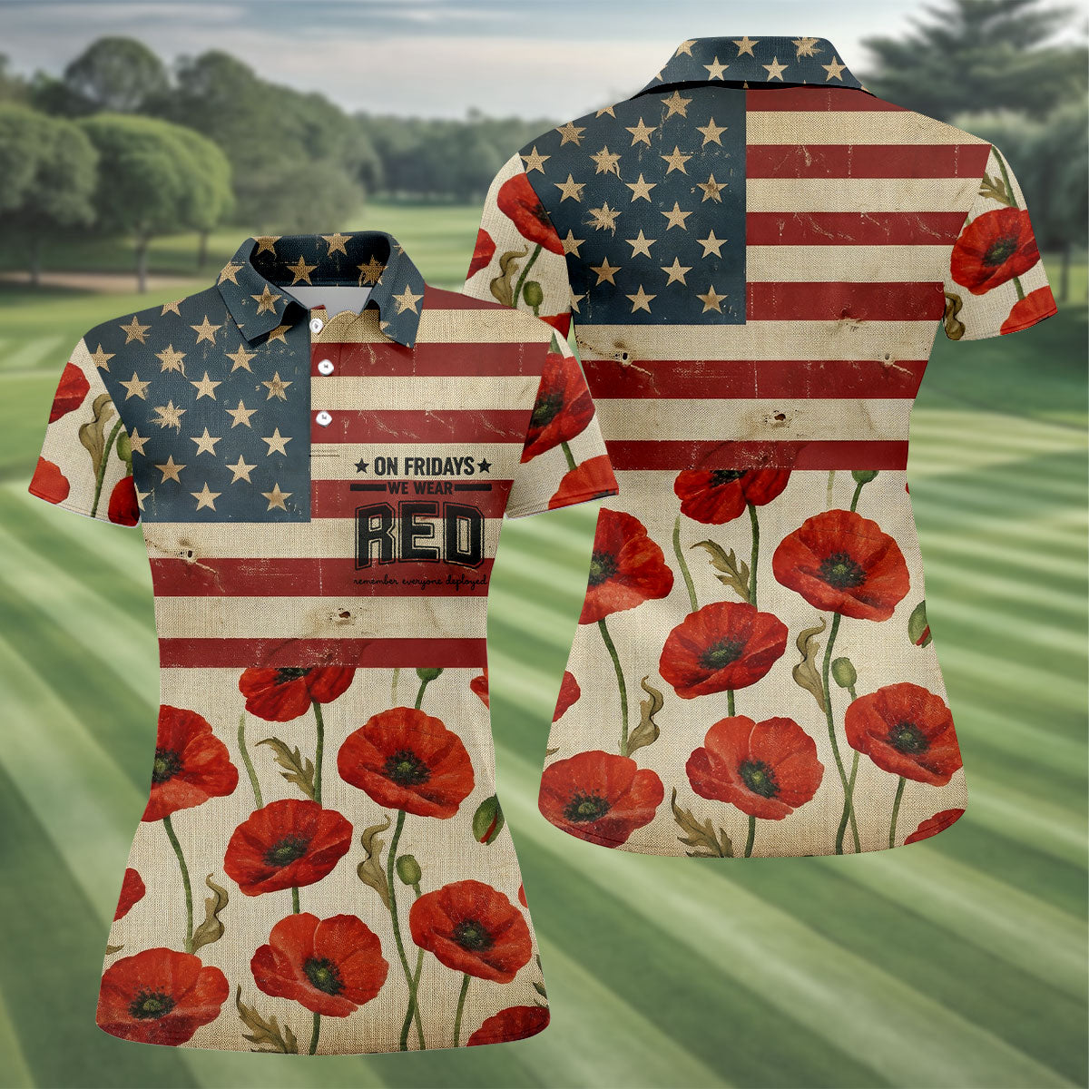 On Fridays We Wear RED Poppies US Flag Golf Shirts, 250 Years Patriotic Golf Shirt For Women
