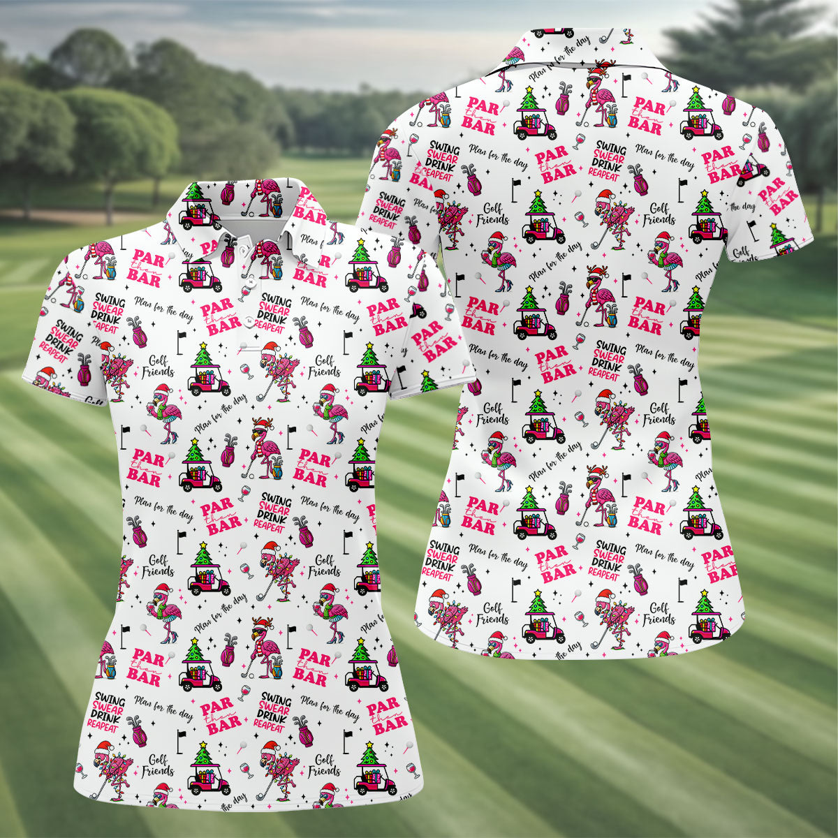 Christmas Flamingo Par Then Bar Women's Golf Shirts, Christmas Golf Shirt, Ladies Golf Shirts, Women's Golf Gifts