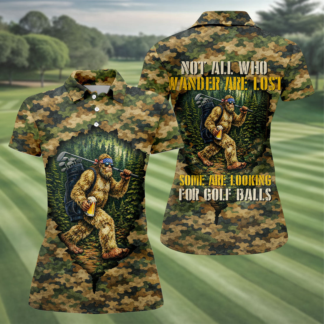 Camo Bigfoot Golfer Drinking Beer Polo Shirt, Golf Shirts For Women, Women’s Golf Apparel
