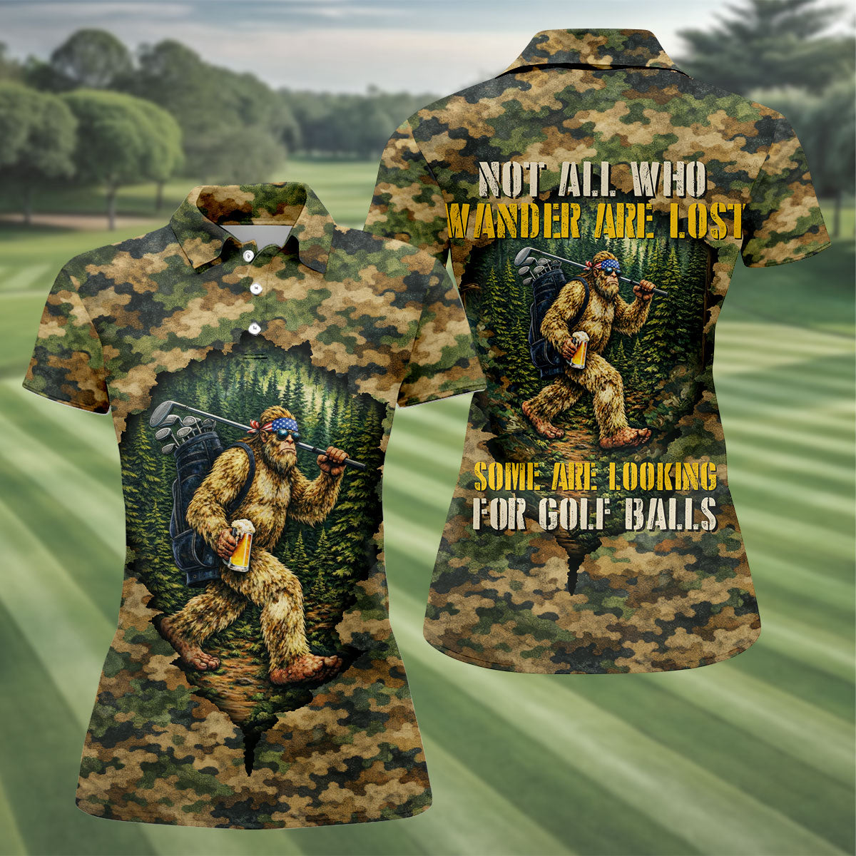 Camo Bigfoot Golfer Drinking Beer Polo Shirt, Golf Shirts For Women, Women’s Golf Apparel