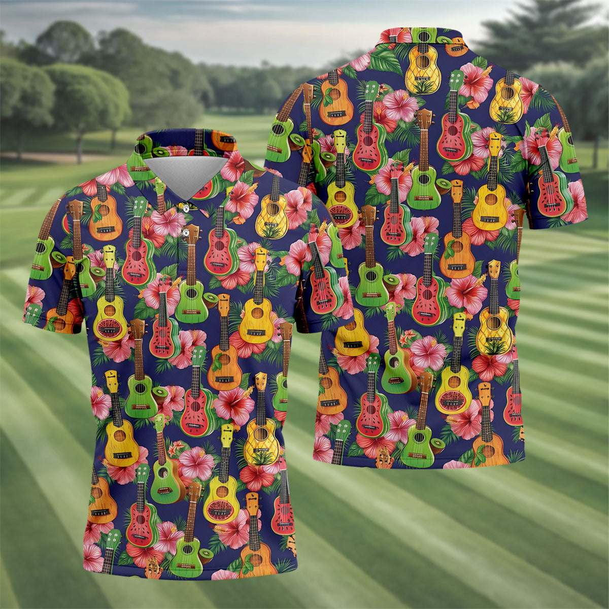 Tropical Ukulele Fruit Pattern 250 Retro Golf Shirt, Hawaiian Vibe Golf Shirts For Men