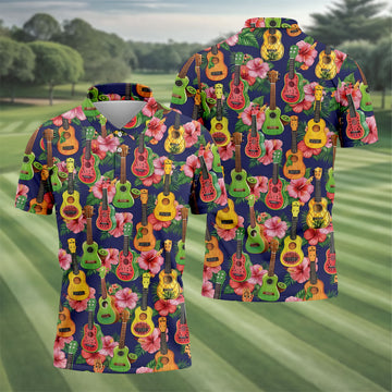 Tropical Ukulele Fruit Pattern 250 Retro Golf Shirt, Hawaiian Vibe Golf Shirts For Men