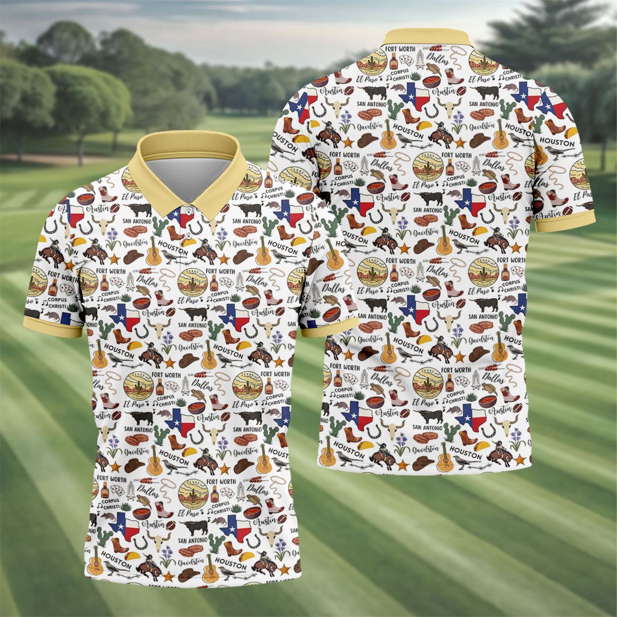 Texas Symbols Western Theme Doodle Style Golf Tops For Men, Polo Shirts For Men, Golf Shirts For Men