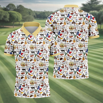 Texas Symbols Western Theme Doodle Style Golf Tops For Men, Polo Shirts For Men, Golf Shirts For Men