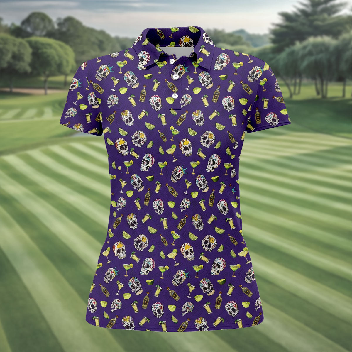 Decorated Sugar Skulls Cinco De Mayo Celebration Fiesta Themed The Purple Haze Golf Shirt For Women