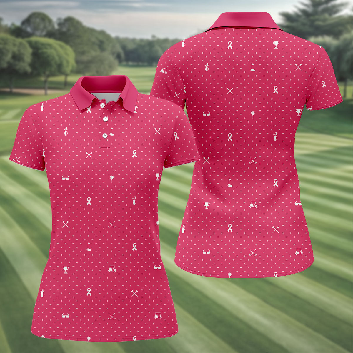 Pink Ribbon Golf Pattern Breast Cancer Polo Shirt, Golf Polo For Women, Ladies Golf Shirts