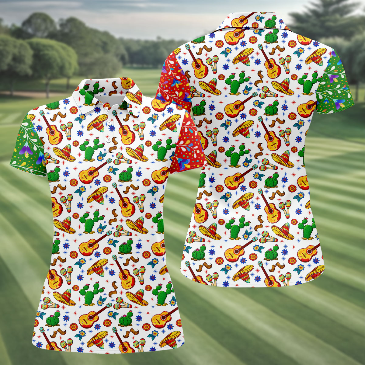 Mexican Party Seamless Pattern Ladies Golf Tops, Cinco De Mayo Celebration Golf Shirt For Women
