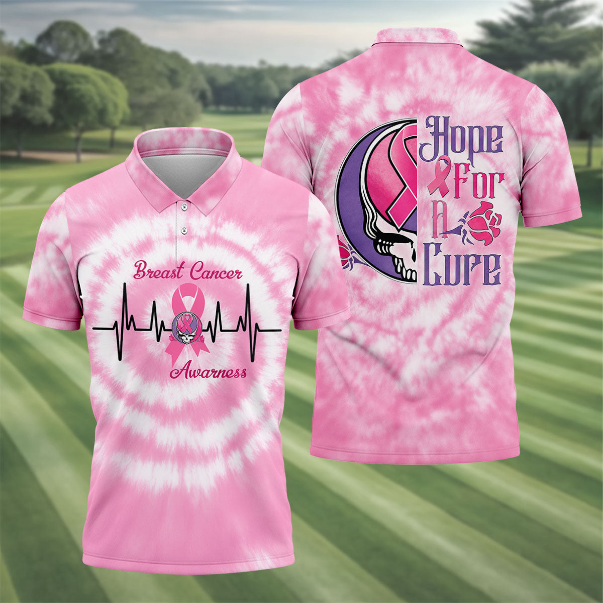 Hope For A Cure Tie Dye Skull Breast Cancer Polo Shirt, Mens Golf Polo, Printed Golf Shirts