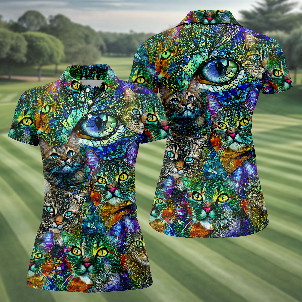 Colorful Stained Glass Cat Art Golf Polo Shirt, Golf Shirts For Women, Women's Golf Polo