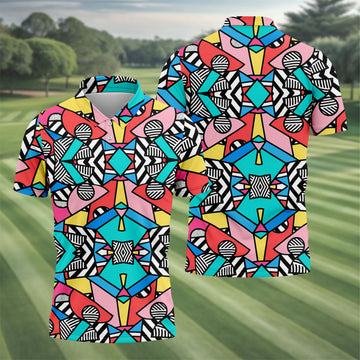 Abstract Geometric Pop Art Golf Polo Shirt, Men's Golf Shirt, Mens Golf Apparel