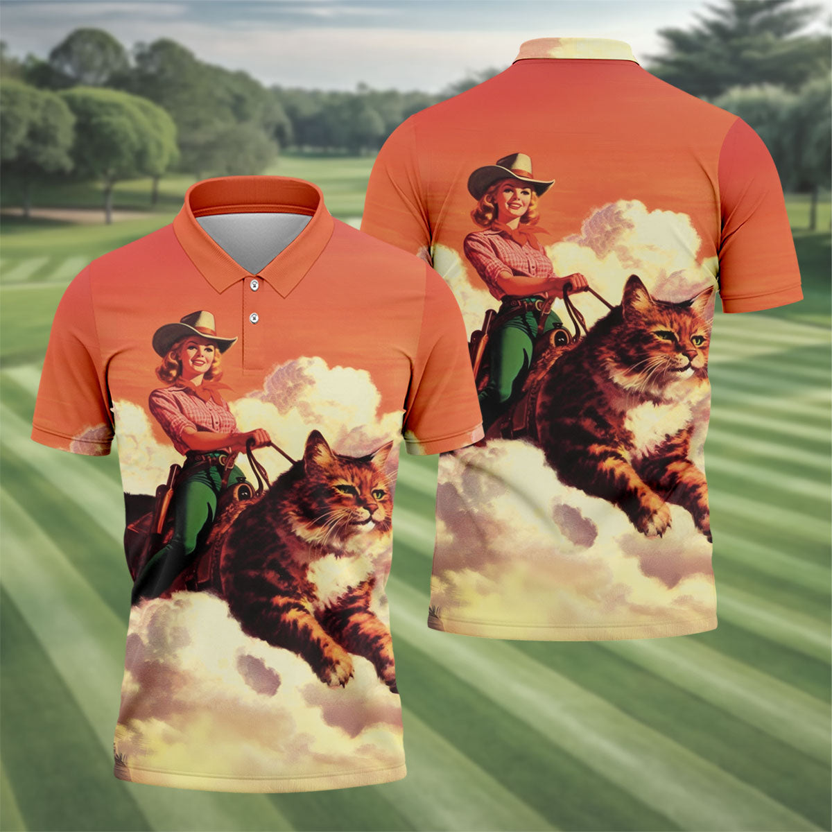 Orange Vintage Cowgirl Riding Giant Cat Golf Polo Shirt, Golf Shirts For Men, Hawaiian Golf Shirt